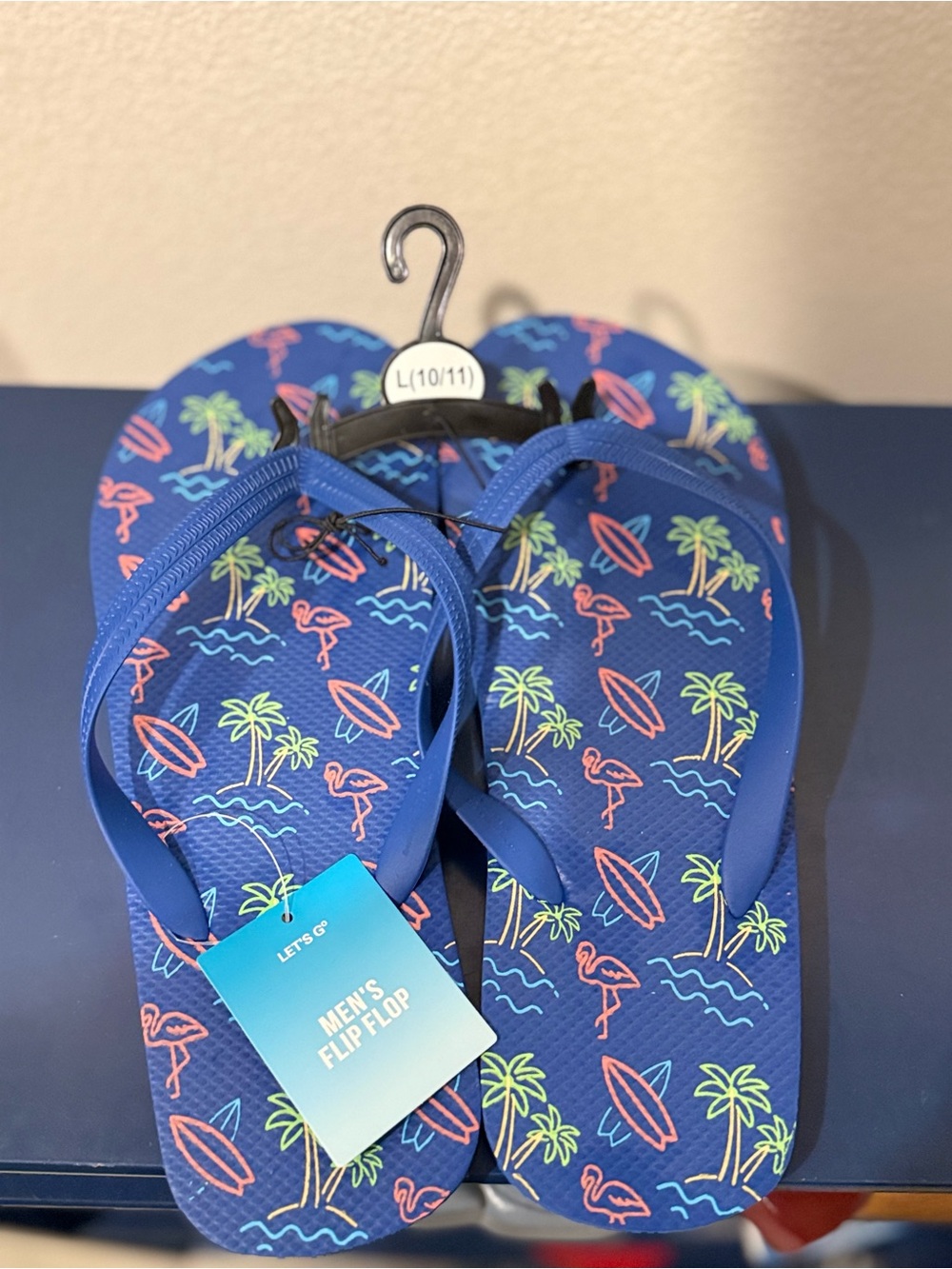 Men's Blue Tropical Beach Flip Flops with Neon Print